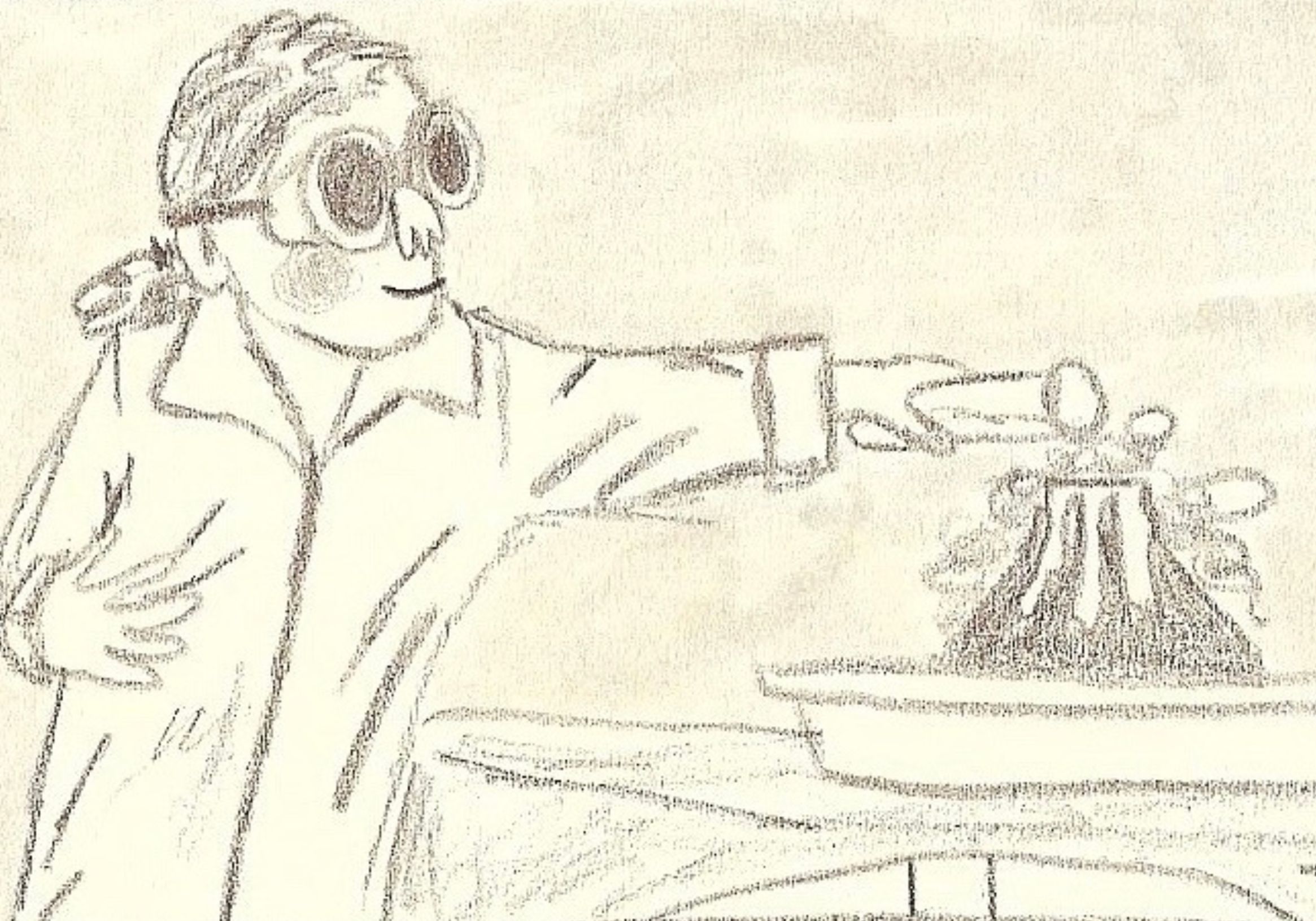Pencil drawing of a child wearing goggles and lab coat pouring a test tube of liquid into a small volcano on a table.